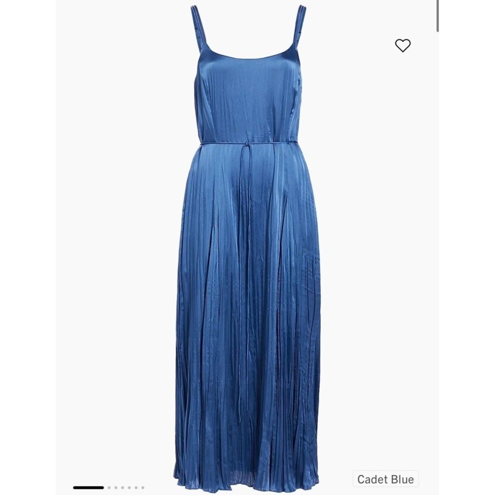 VINCE Crushed Satin Blue Pleated Midi Tie Waist Slip Dress Size XL Strap Holiday